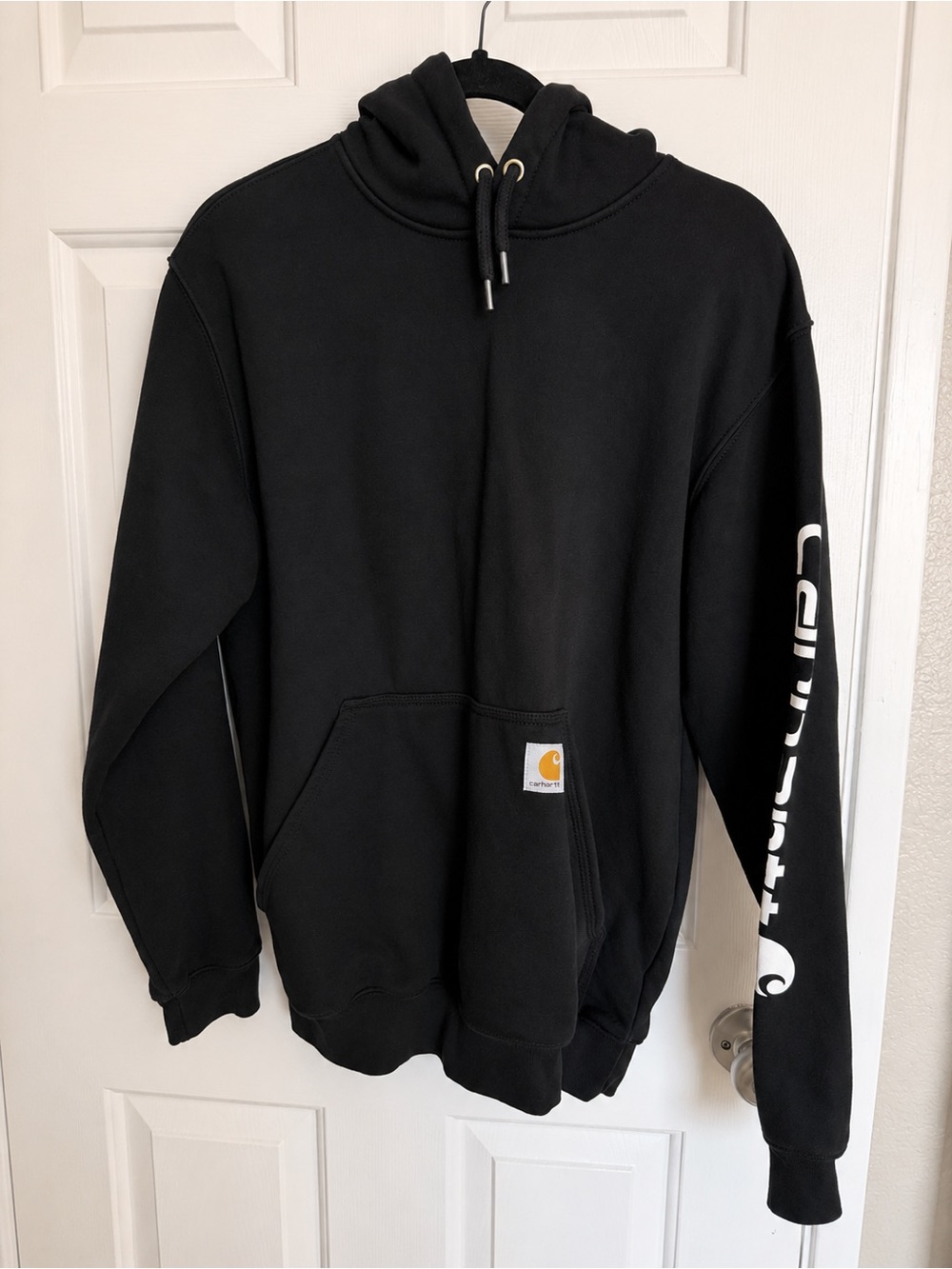 Carhartt Black Hooded Sweatshirt with White Sleeve Script
